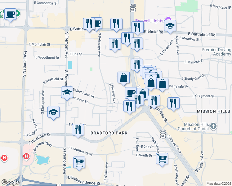 map of restaurants, bars, coffee shops, grocery stores, and more near 3407 South Fairway Avenue in Springfield