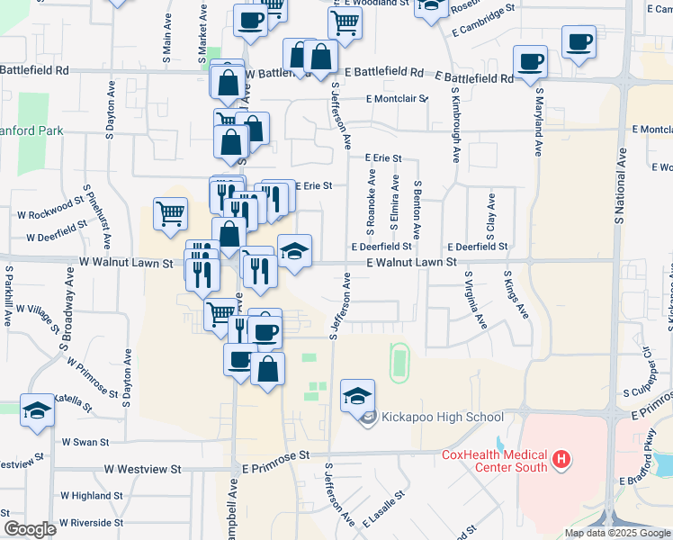 map of restaurants, bars, coffee shops, grocery stores, and more near 412 East Jewett Place in Springfield