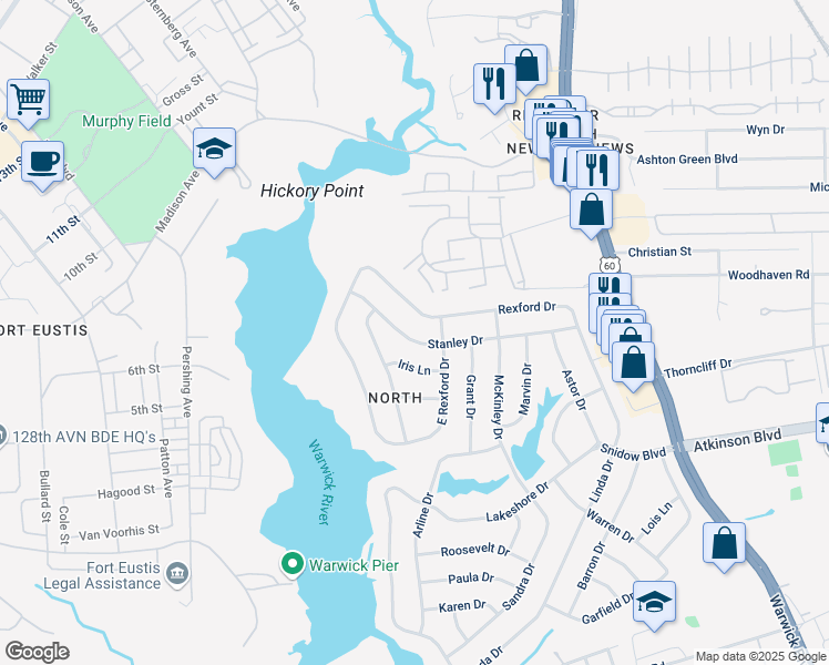 map of restaurants, bars, coffee shops, grocery stores, and more near 85 Stanley Drive in Newport News