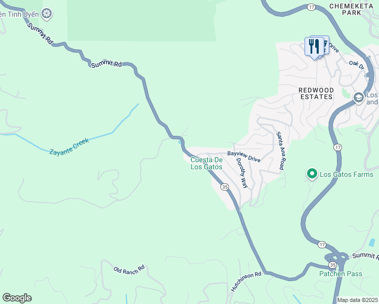 map of restaurants, bars, coffee shops, grocery stores, and more near 21683 Summit Road in Los Gatos