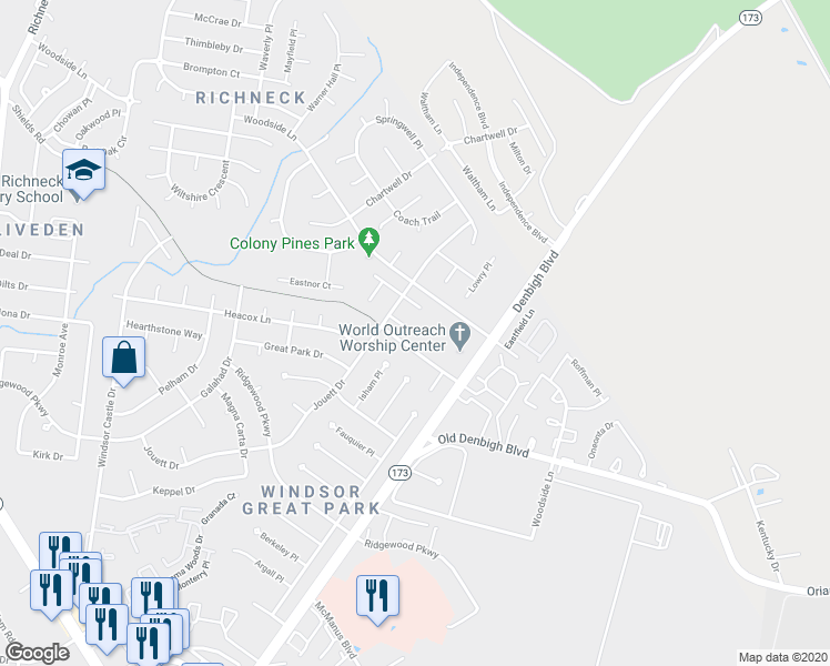 map of restaurants, bars, coffee shops, grocery stores, and more near 1225 Powder House Drive in Newport News