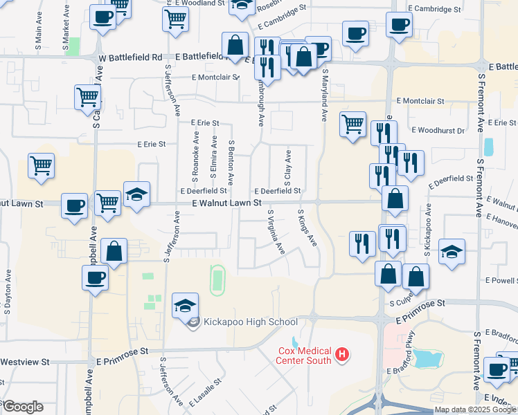 map of restaurants, bars, coffee shops, grocery stores, and more near 736 East Walnut Lawn Street in Springfield