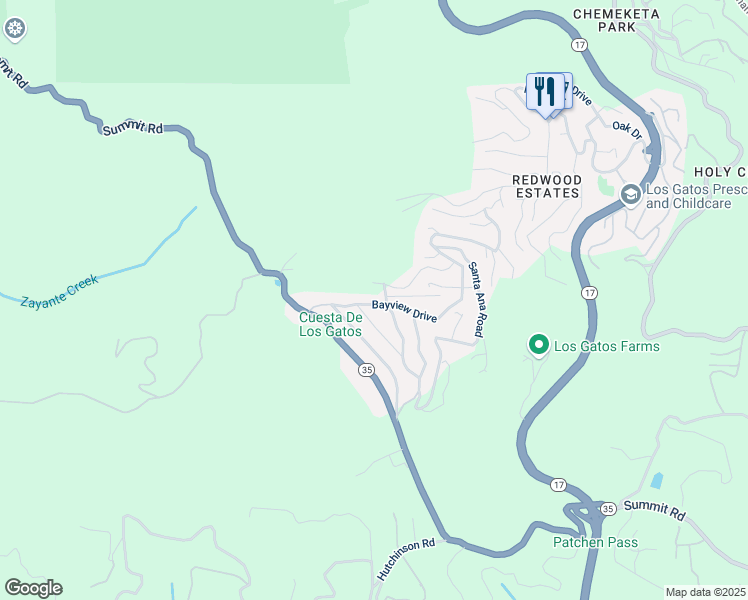 map of restaurants, bars, coffee shops, grocery stores, and more near 21655 Dorothy Way in Los Gatos