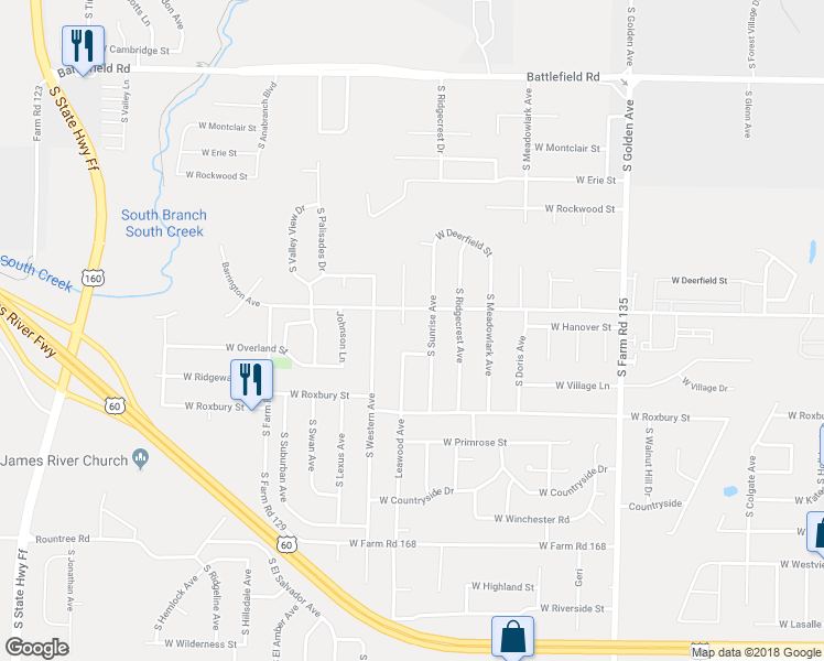 map of restaurants, bars, coffee shops, grocery stores, and more near 3438 South Leawood Court in Springfield