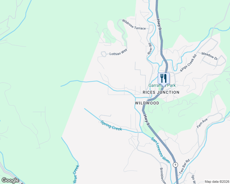 map of restaurants, bars, coffee shops, grocery stores, and more near 449 Band Road in Boulder Creek