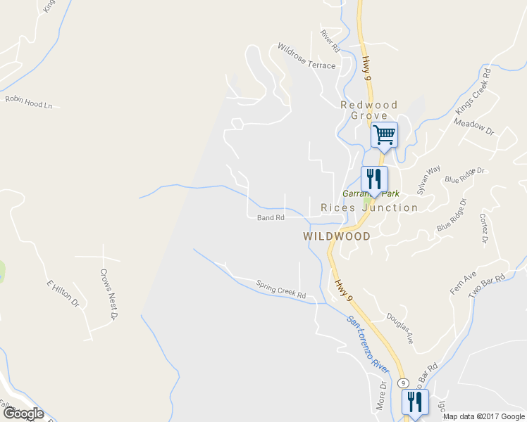 map of restaurants, bars, coffee shops, grocery stores, and more near 449 Band Road in Boulder Creek