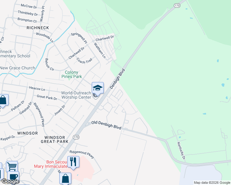 map of restaurants, bars, coffee shops, grocery stores, and more near 1022 Hollymeade Circle in Newport News