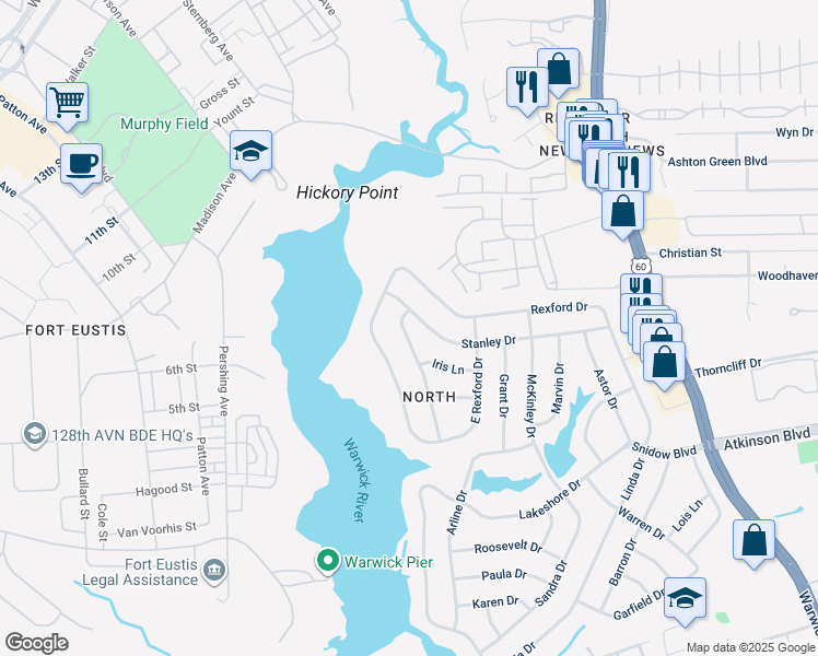 map of restaurants, bars, coffee shops, grocery stores, and more near 21 Cathy Drive in Newport News