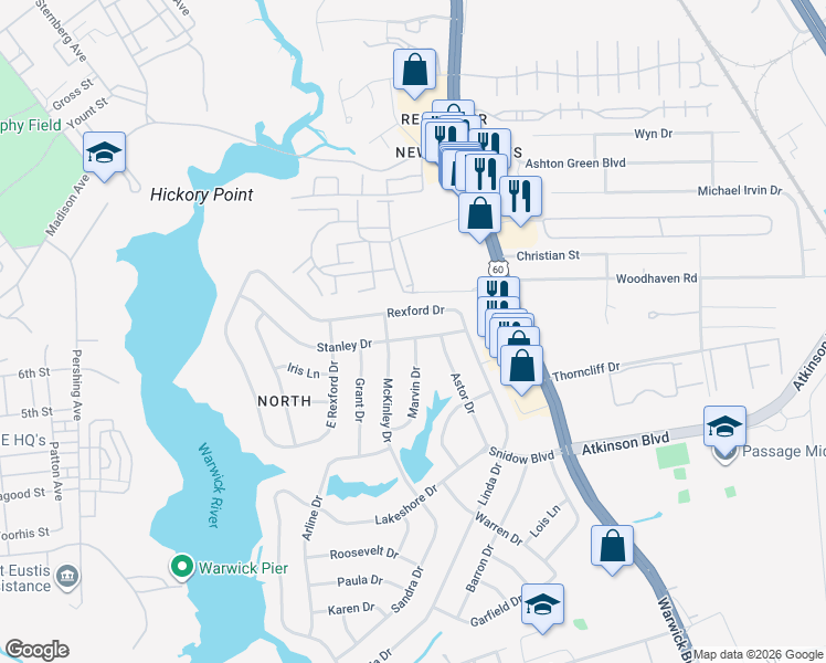 map of restaurants, bars, coffee shops, grocery stores, and more near 30 Marvin Drive in Newport News