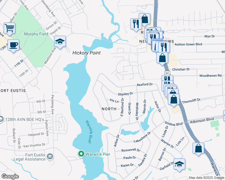map of restaurants, bars, coffee shops, grocery stores, and more near 85 Stanley Drive in Newport News