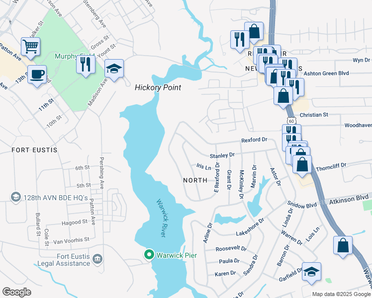 map of restaurants, bars, coffee shops, grocery stores, and more near 21 Cathy Drive in Newport News
