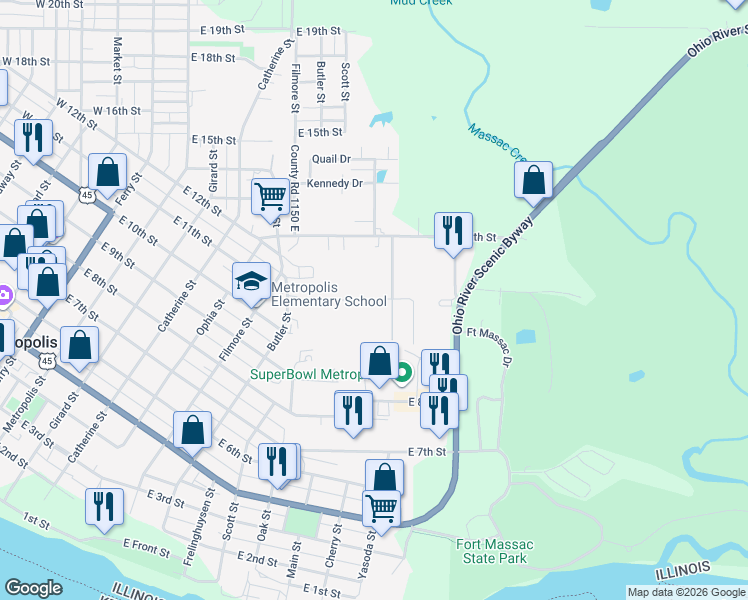 map of restaurants, bars, coffee shops, grocery stores, and more near County Road 530 North in Metropolis