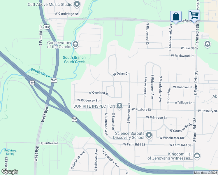 map of restaurants, bars, coffee shops, grocery stores, and more near 3467 South Valley View Drive in Springfield