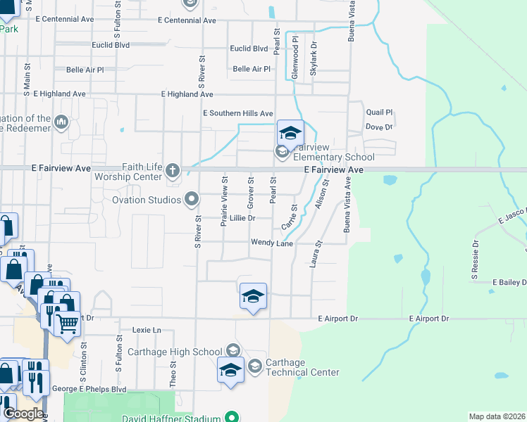 map of restaurants, bars, coffee shops, grocery stores, and more near 1104 Lillie Drive in Carthage