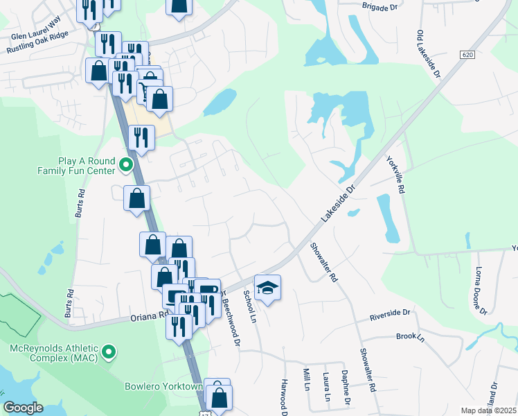 map of restaurants, bars, coffee shops, grocery stores, and more near 114 Yorkwood Lane in Yorktown