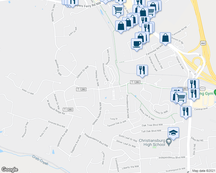 map of restaurants, bars, coffee shops, grocery stores, and more near 10 Phoenix Boulevard Northwest in Christiansburg
