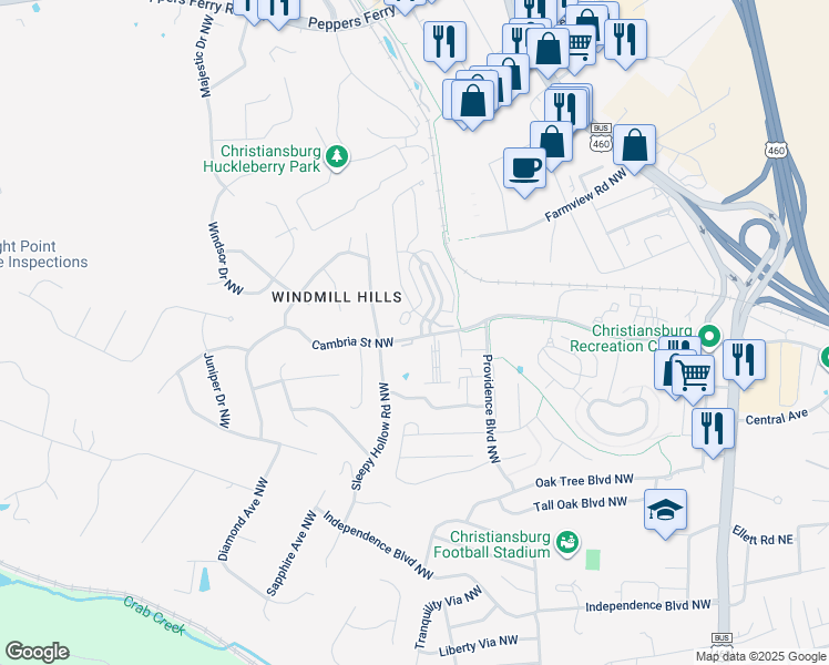map of restaurants, bars, coffee shops, grocery stores, and more near 10 Phoenix Boulevard Northwest in Christiansburg