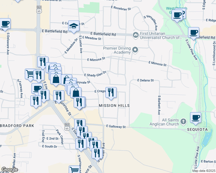 map of restaurants, bars, coffee shops, grocery stores, and more near 3407 South Glenhaven Court in Springfield