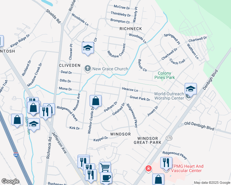 map of restaurants, bars, coffee shops, grocery stores, and more near 321 Hearthstone Way in Newport News
