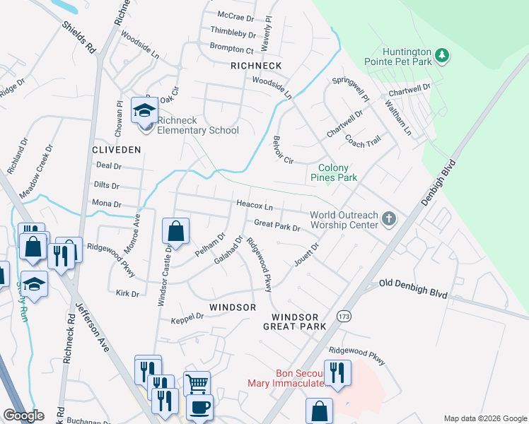 map of restaurants, bars, coffee shops, grocery stores, and more near 1 Sun Valley Court in Newport News