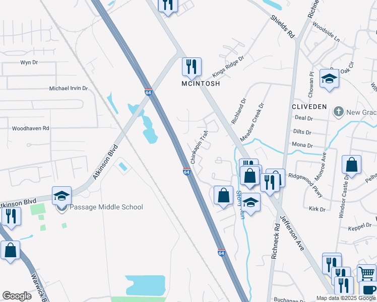 map of restaurants, bars, coffee shops, grocery stores, and more near 572 Chinkapin Trail in Newport News