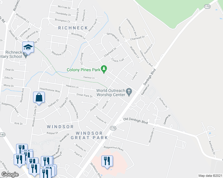 map of restaurants, bars, coffee shops, grocery stores, and more near 1218 Powder House Drive in Newport News