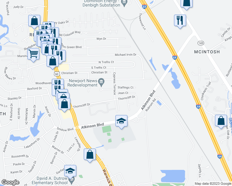 map of restaurants, bars, coffee shops, grocery stores, and more near 476 Jean Court in Newport News