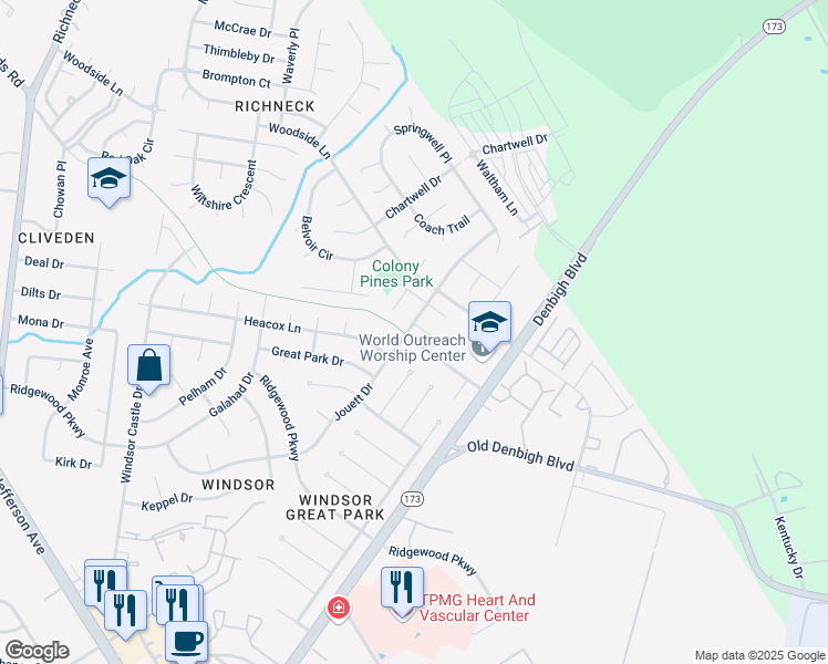 map of restaurants, bars, coffee shops, grocery stores, and more near 1216 Powder House Drive in Newport News