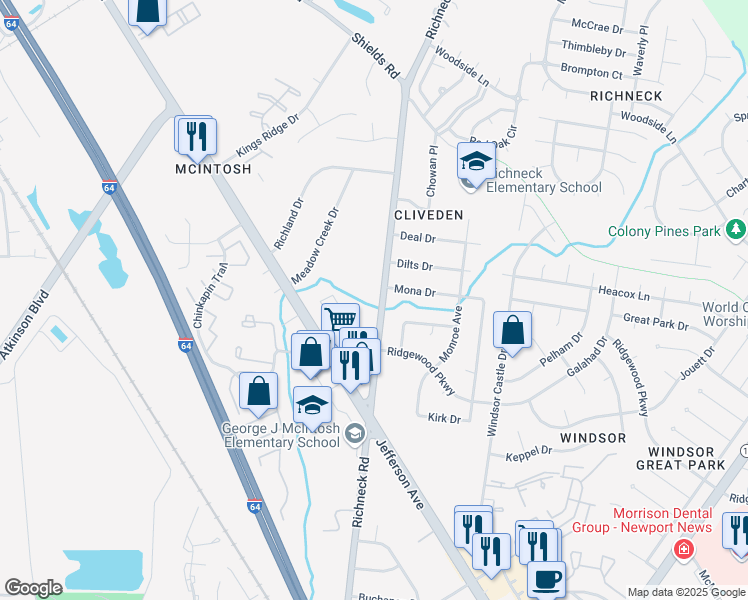 map of restaurants, bars, coffee shops, grocery stores, and more near 257 Richneck Road in Newport News