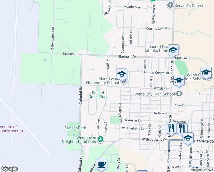map of restaurants, bars, coffee shops, grocery stores, and more near 1701 West Aylor Street in Webb City