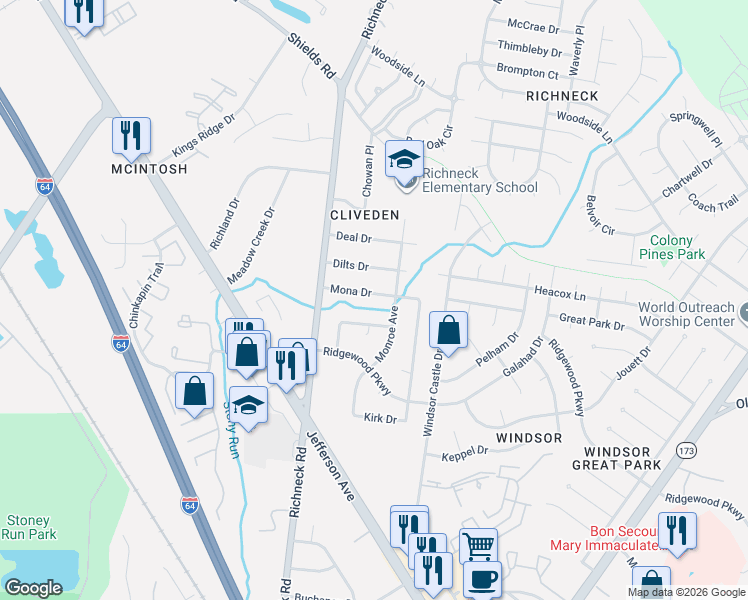 map of restaurants, bars, coffee shops, grocery stores, and more near 114 Dilts Drive in Newport News