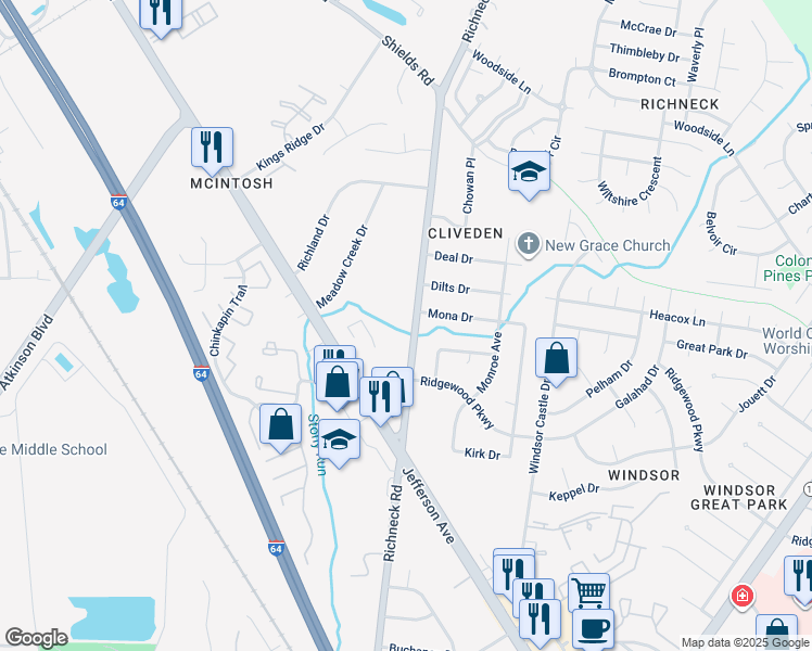 map of restaurants, bars, coffee shops, grocery stores, and more near 257 Richneck Road in Newport News