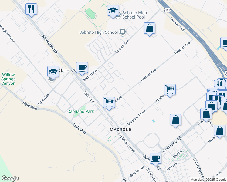 map of restaurants, bars, coffee shops, grocery stores, and more near 90 Angelica Way in Morgan Hill