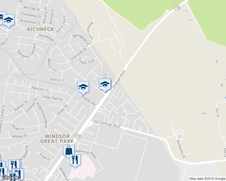 map of restaurants, bars, coffee shops, grocery stores, and more near 913 Eastfield Lane in Newport News