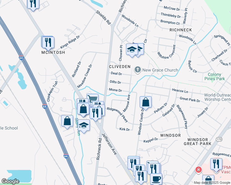 map of restaurants, bars, coffee shops, grocery stores, and more near 313 Mona Drive in Newport News