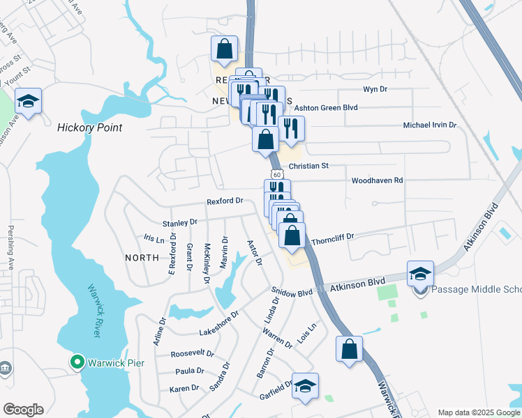 map of restaurants, bars, coffee shops, grocery stores, and more near 46 Rexford Drive in Newport News
