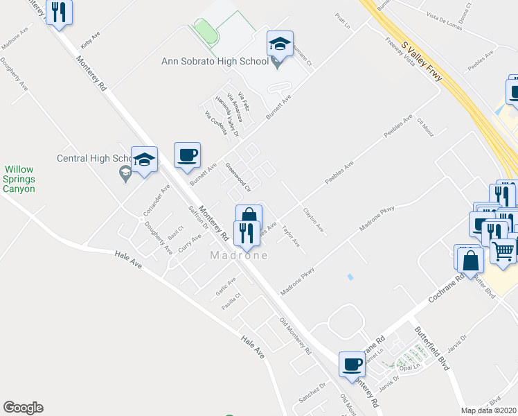 map of restaurants, bars, coffee shops, grocery stores, and more near 90 Angelica Way in Morgan Hill