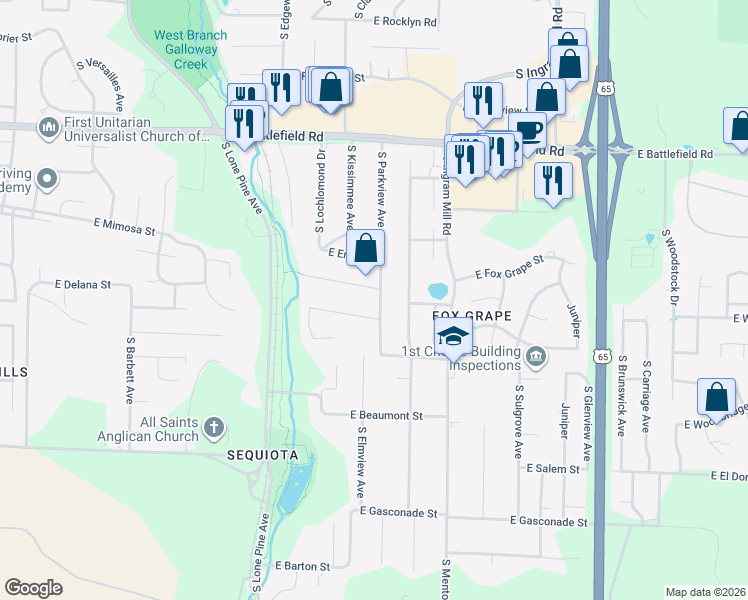 map of restaurants, bars, coffee shops, grocery stores, and more near 3233 South Parkview Avenue in Springfield