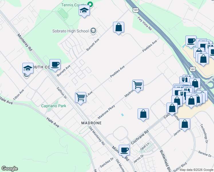 map of restaurants, bars, coffee shops, grocery stores, and more near 350 Peebles Avenue in Morgan Hill