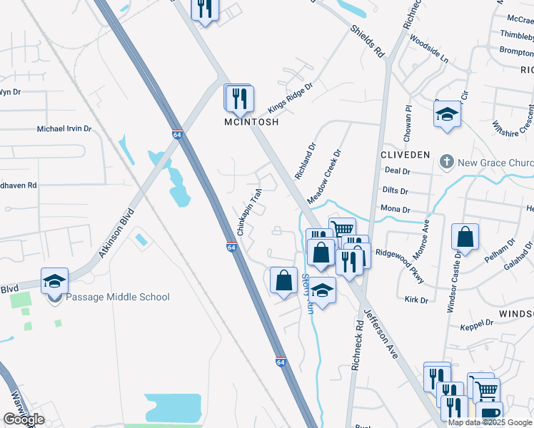 map of restaurants, bars, coffee shops, grocery stores, and more near 578 Ginger Trail in Newport News