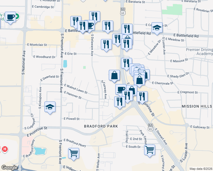 map of restaurants, bars, coffee shops, grocery stores, and more near 3348 South Fairway Avenue in Springfield