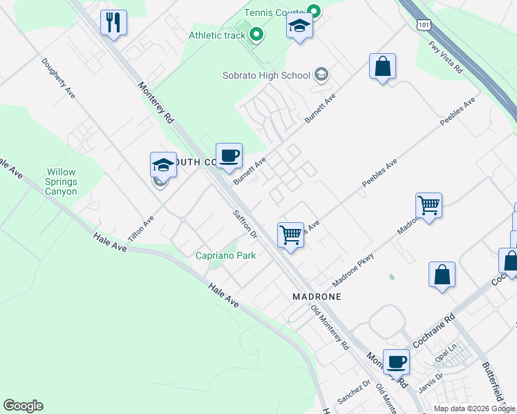 map of restaurants, bars, coffee shops, grocery stores, and more near Valley Vista Cir in Morgan Hill