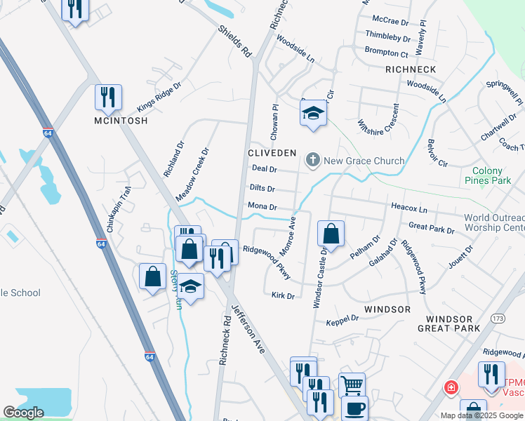 map of restaurants, bars, coffee shops, grocery stores, and more near 313 Mona Drive in Newport News