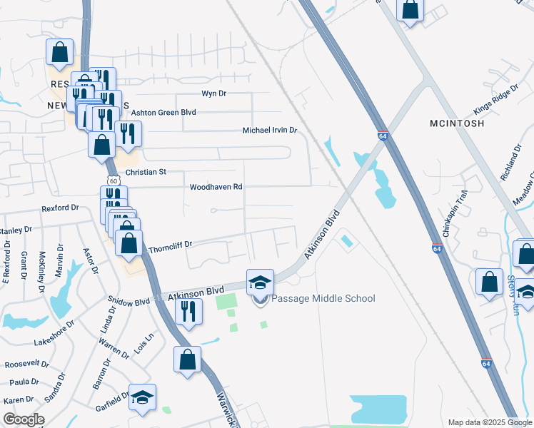 map of restaurants, bars, coffee shops, grocery stores, and more near 511 Jean Court in Newport News