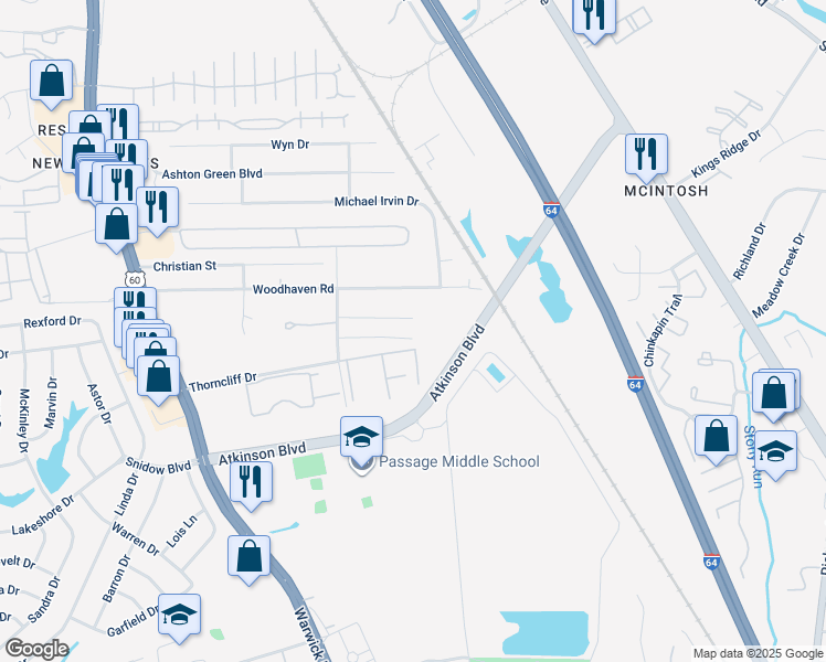 map of restaurants, bars, coffee shops, grocery stores, and more near 525 Jean Court in Newport News
