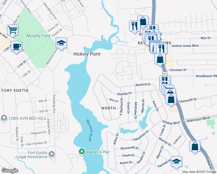 map of restaurants, bars, coffee shops, grocery stores, and more near 92 Stanley Drive in Newport News