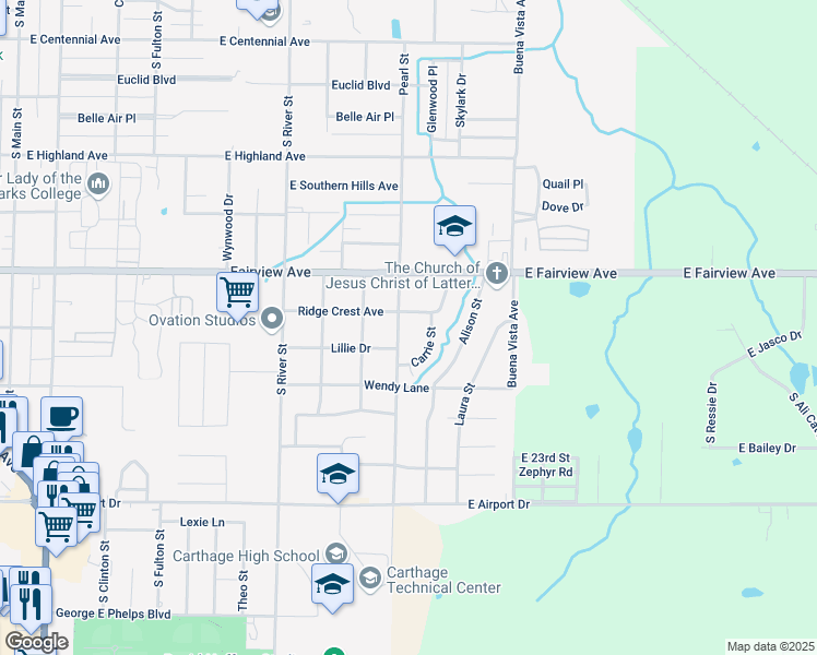map of restaurants, bars, coffee shops, grocery stores, and more near 2040 Pearl Street in Carthage