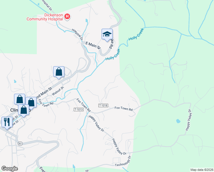 map of restaurants, bars, coffee shops, grocery stores, and more near State Route T-1018 in Clintwood