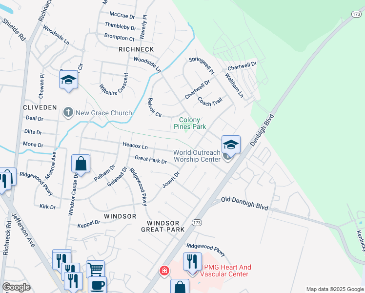 map of restaurants, bars, coffee shops, grocery stores, and more near 6 Finch Place in Newport News