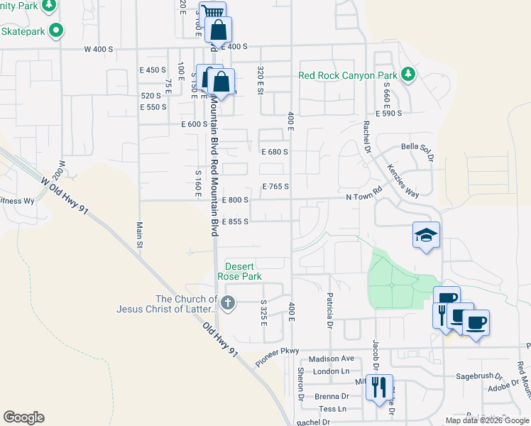 map of restaurants, bars, coffee shops, grocery stores, and more near South 330 East in Ivins